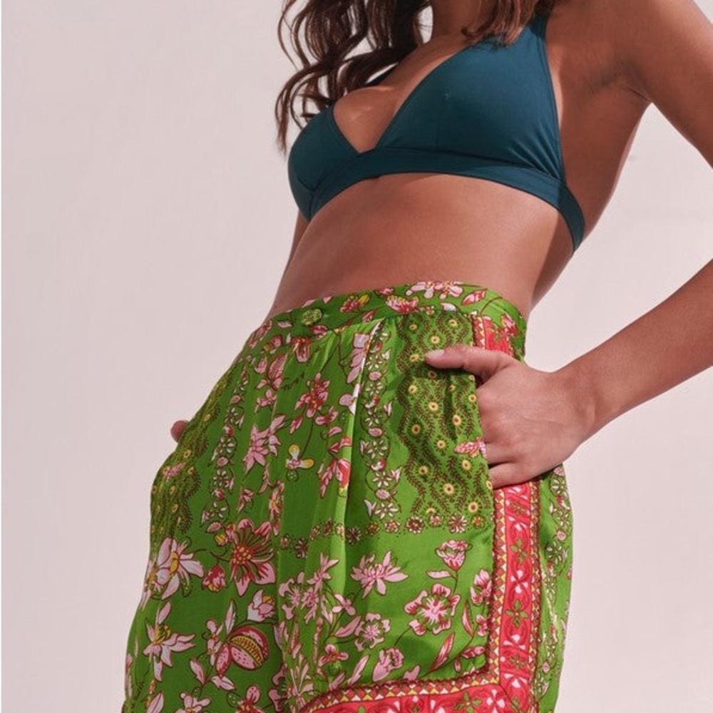 Poupette St Barth Green and pink silk Floral shorts with Teal Bikini Top